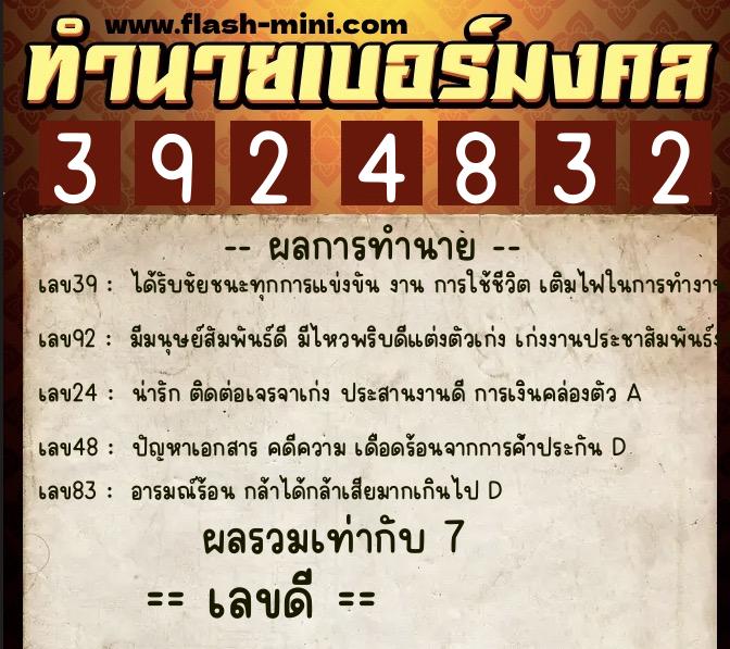 ทำนายเบอร์มงคล 0XX-3924832  ทำนายเบอร์มงคล หมายเลข 090-392483 