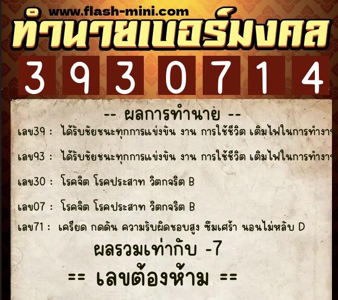 ทำนายเบอร์มงคล 0XX-3930714  ทำนายเบอร์มงคล หมายเลข 087-393071 