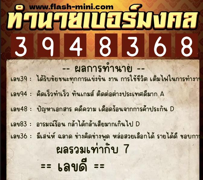 ทำนายเบอร์มงคล 0XX-3948368  ทำนายเบอร์มงคล หมายเลข 088-394836 