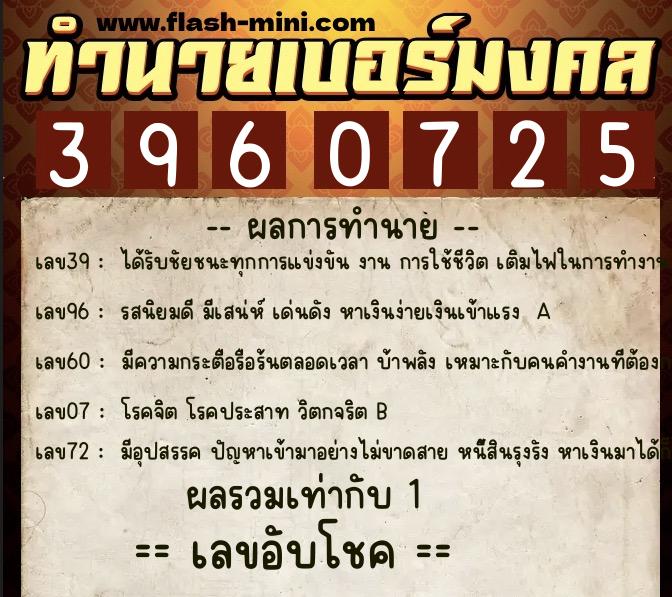 ทำนายเบอร์มงคล 0XX-3960725  ทำนายเบอร์มงคล หมายเลข 082-396072 