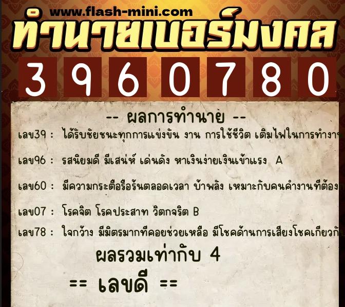 ทำนายเบอร์มงคล 0XX-3960780  ทำนายเบอร์มงคล หมายเลข 097-396078 