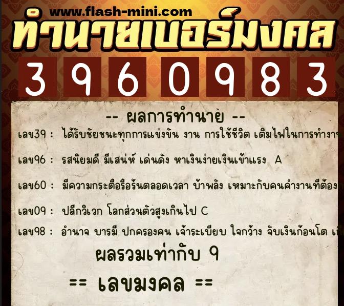 ทำนายเบอร์มงคล 0XX-3960983  ทำนายเบอร์มงคล หมายเลข 082-396098 