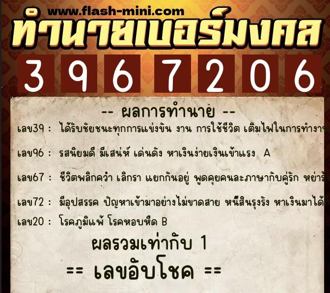 ทำนายเบอร์มงคล 0XX-3967206  ทำนายเบอร์มงคล หมายเลข 092-396720 