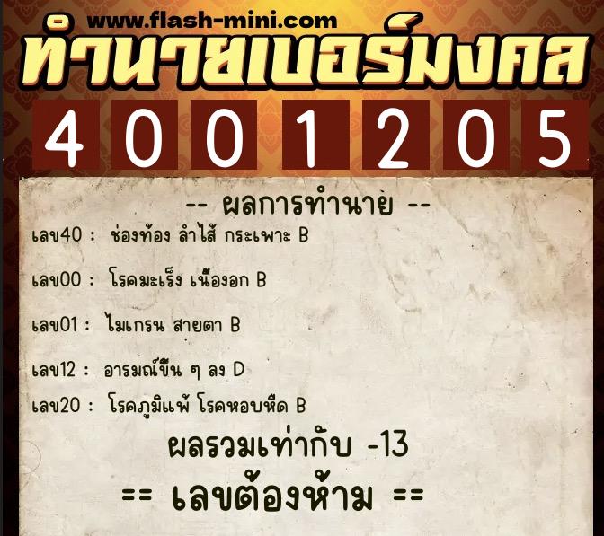 ทำนายเบอร์มงคล 0XX-4001205  ทำนายเบอร์มงคล หมายเลข 082-400120 