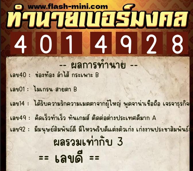 ทำนายเบอร์มงคล 0XX-4014928  ทำนายเบอร์มงคล หมายเลข 066-401492 