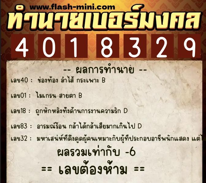 ทำนายเบอร์มงคล 0XX-4018329  ทำนายเบอร์มงคล หมายเลข 094-401832 
