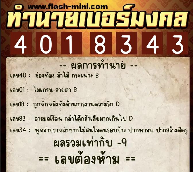 ทำนายเบอร์มงคล 0XX-4018343  ทำนายเบอร์มงคล หมายเลข 064-401834 
