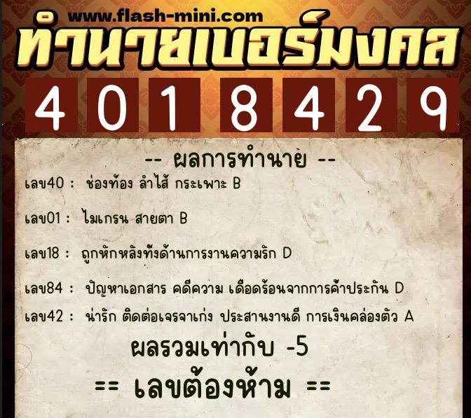 ทำนายเบอร์มงคล 0XX-4018429  ทำนายเบอร์มงคล หมายเลข 099-401842 