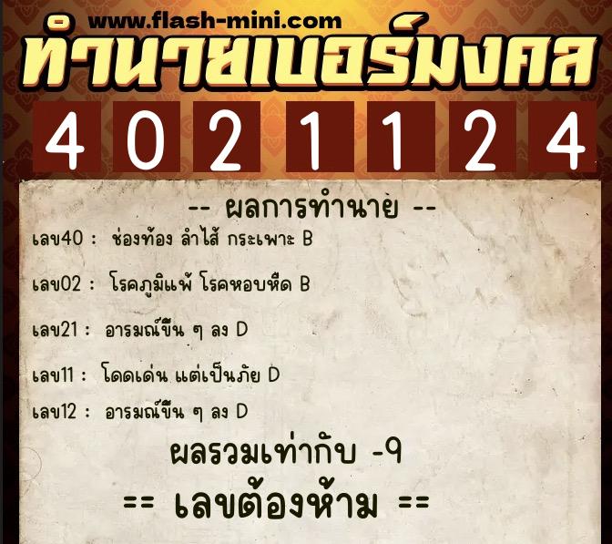 ทำนายเบอร์มงคล 0XX-4021124  ทำนายเบอร์มงคล หมายเลข 093-402112 