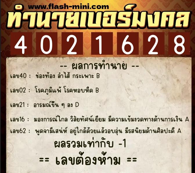 ทำนายเบอร์มงคล 0XX-4021628  ทำนายเบอร์มงคล หมายเลข 080-402162 