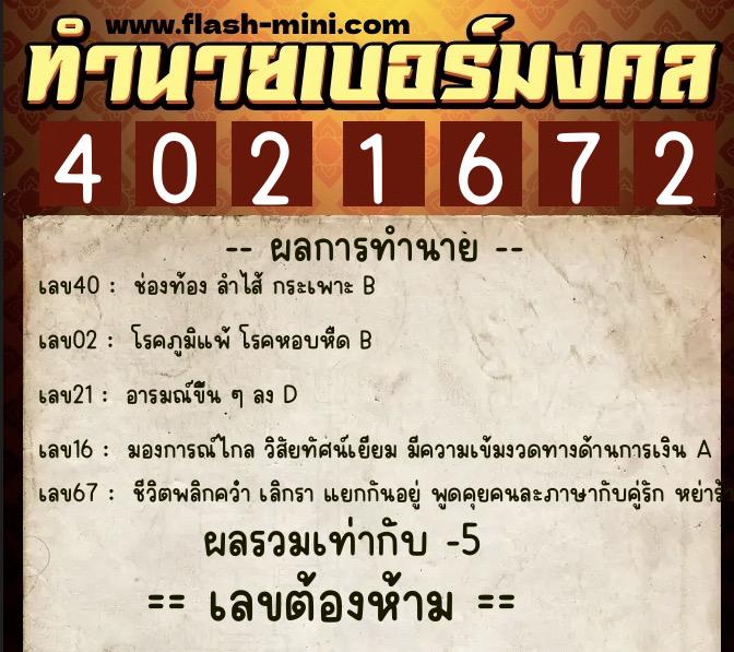 ทำนายเบอร์มงคล 0XX-4021672  ทำนายเบอร์มงคล หมายเลข 090-402167 