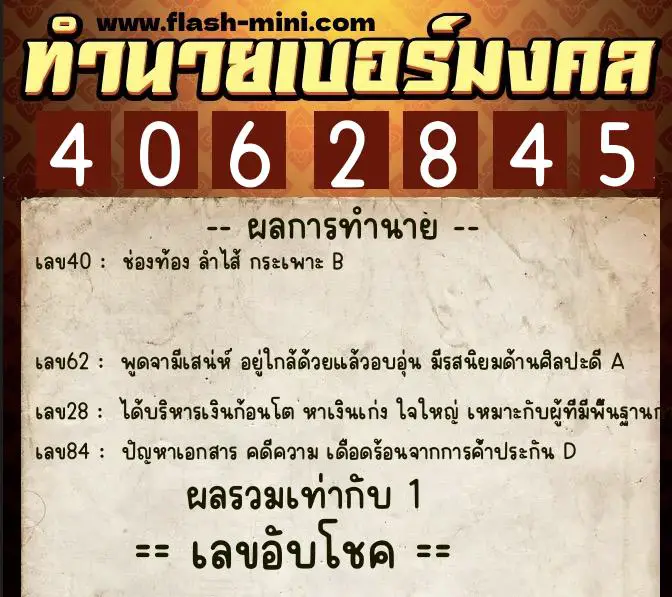 ทำนายเบอร์มงคล 0XX-4062845 ทำนายเบอร์มงคล หมายเลข 086-406284 ทำนายเบอร์มงคล 0XX-4062845 ทำนายเบอร์มงคล หมายเลข 086-406284