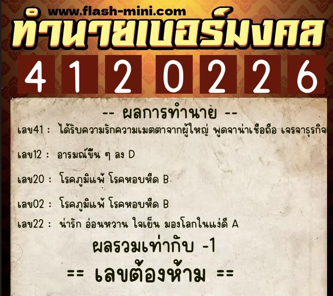ทำนายเบอร์มงคล 0XX-4120226  ทำนายเบอร์มงคล หมายเลข 068-412022 