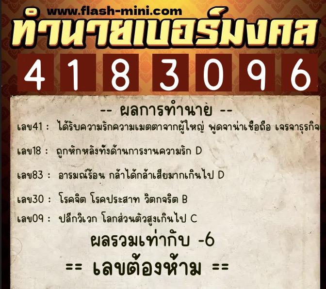 ทำนายเบอร์มงคล 0XX-4183096  ทำนายเบอร์มงคล หมายเลข 091-418309 