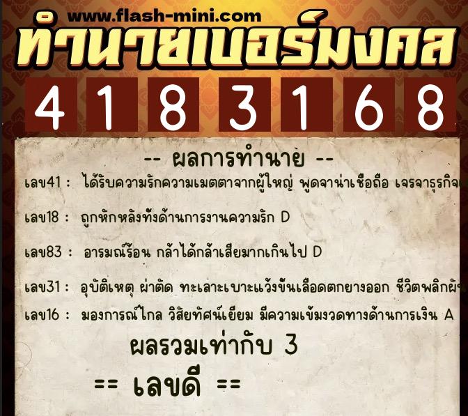ทำนายเบอร์มงคล 0XX-4183168  ทำนายเบอร์มงคล หมายเลข 097-418316 