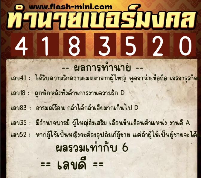 ทำนายเบอร์มงคล 0XX-4183520 ทำนายเบอร์มงคล หมายเลข 062-418352 ทำนายเบอร์มงคล 0XX-4183520 ทำนายเบอร์มงคล หมายเลข 062-418352