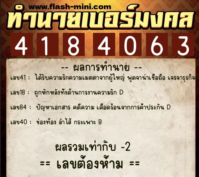 ทำนายเบอร์มงคล 0XX-4184063  ทำนายเบอร์มงคล หมายเลข 096-418406 