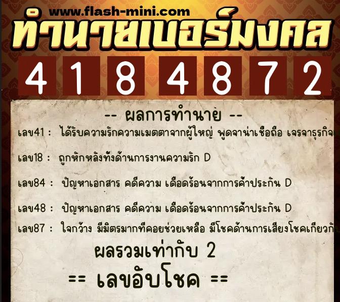 ทำนายเบอร์มงคล 0XX-4184872  ทำนายเบอร์มงคล หมายเลข 067-418487 