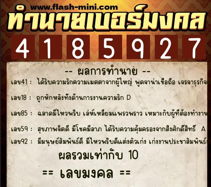 ทำนายเบอร์มงคล 0XX-4185927  ทำนายเบอร์มงคล หมายเลข 088-418592 