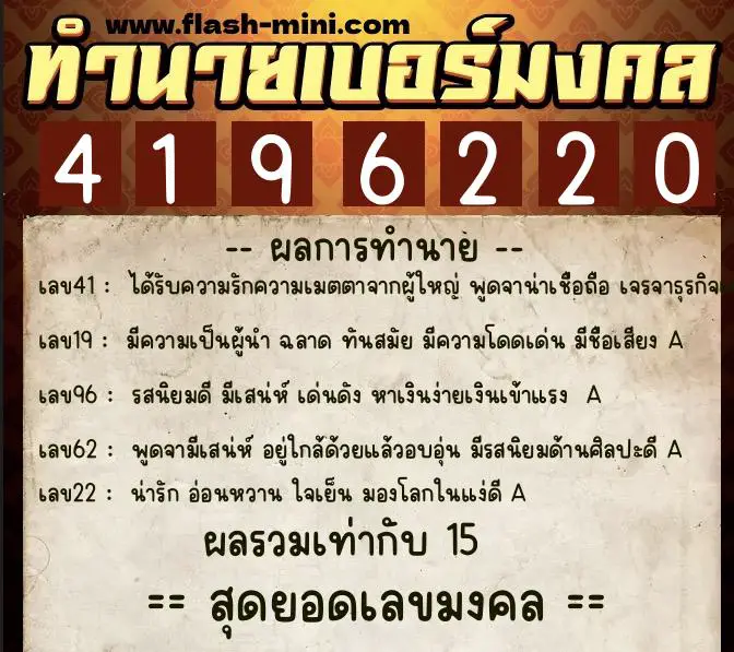ทำนายเบอร์มงคล 0XX-4196220  ทำนายเบอร์มงคล หมายเลข 089-419622 