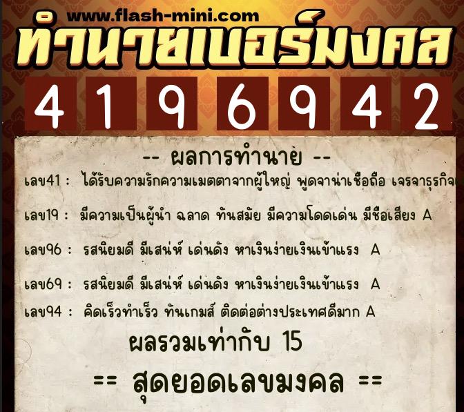 ทำนายเบอร์มงคล 0XX-4196942  ทำนายเบอร์มงคล หมายเลข 099-419694 