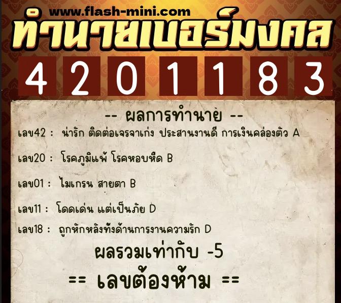 ทำนายเบอร์มงคล 0XX-4201183  ทำนายเบอร์มงคล หมายเลข 085-420118 