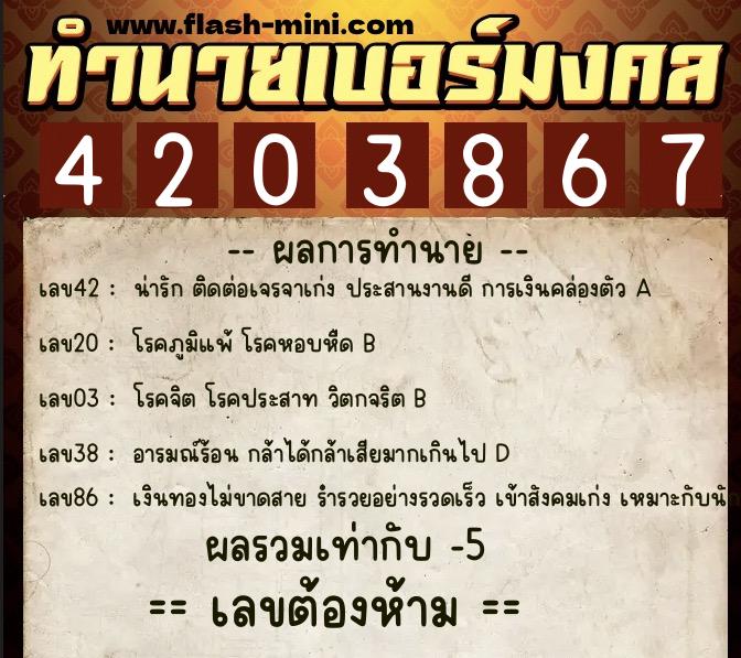 ทำนายเบอร์มงคล 0XX-4203867  ทำนายเบอร์มงคล หมายเลข 081-420386 