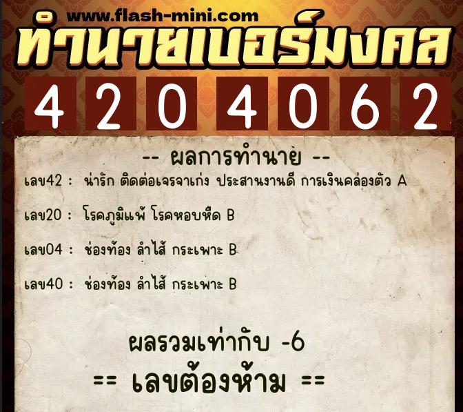 ทำนายเบอร์มงคล 0XX-4204062  ทำนายเบอร์มงคล หมายเลข 080-420406 