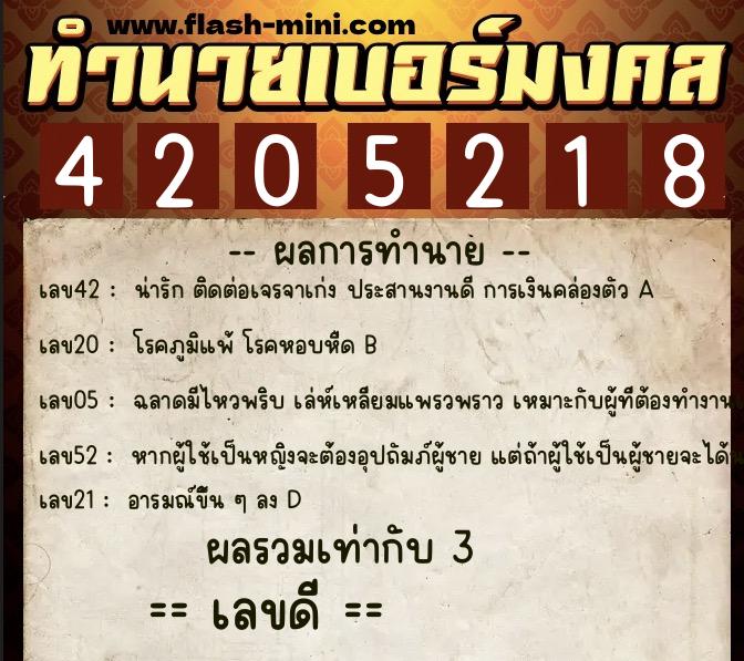 ทำนายเบอร์มงคล 0XX-4205218  ทำนายเบอร์มงคล หมายเลข 091-420521 