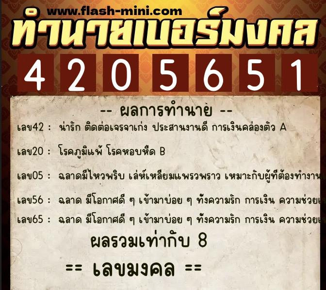 ทำนายเบอร์มงคล 0XX-4205651  ทำนายเบอร์มงคล หมายเลข 086-420565 