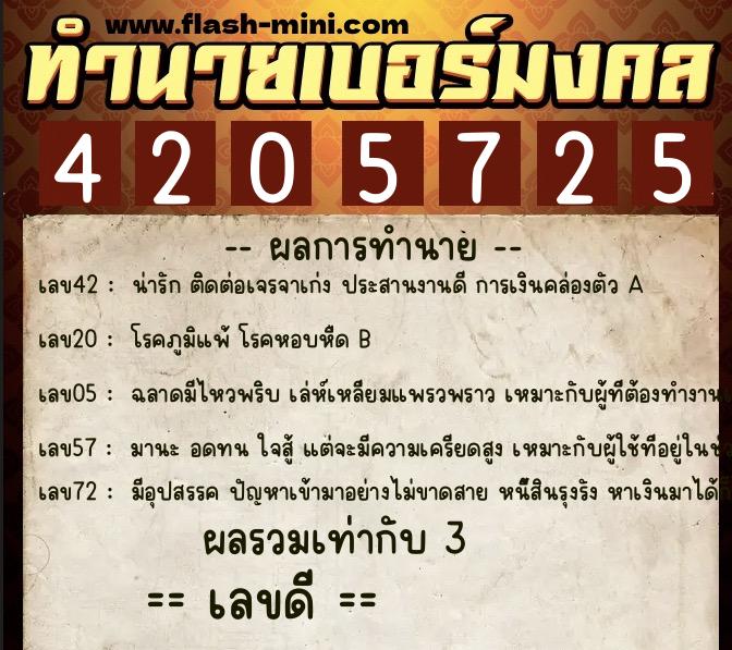 ทำนายเบอร์มงคล 0XX-4205725  ทำนายเบอร์มงคล หมายเลข 099-420572 
