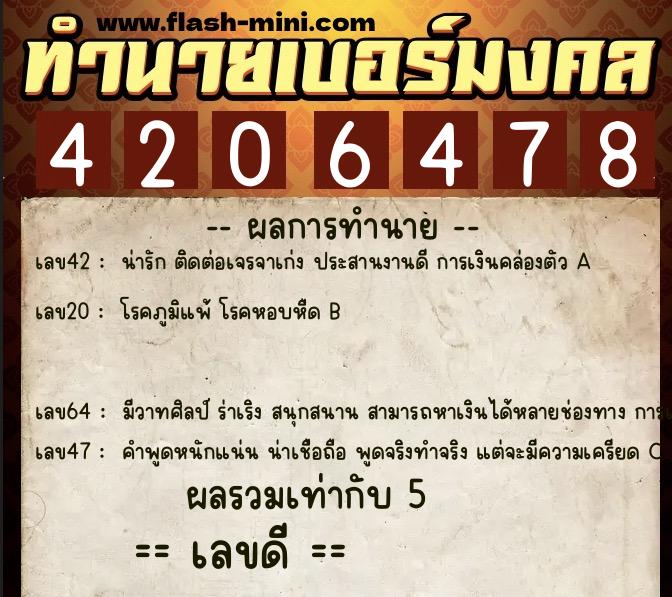 ทำนายเบอร์มงคล 0XX-4206478  ทำนายเบอร์มงคล หมายเลข 063-420647 