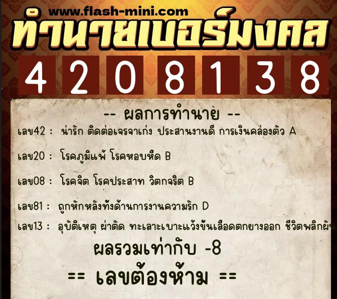 ทำนายเบอร์มงคล 0XX-4208138  ทำนายเบอร์มงคล หมายเลข 061-420813 