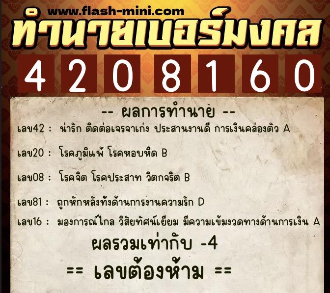 ทำนายเบอร์มงคล 0XX-4208160  ทำนายเบอร์มงคล หมายเลข 082-420816 
