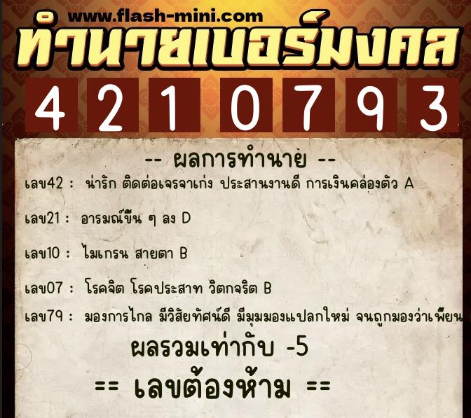 ทำนายเบอร์มงคล 0XX-4210793  ทำนายเบอร์มงคล หมายเลข 087-421079 