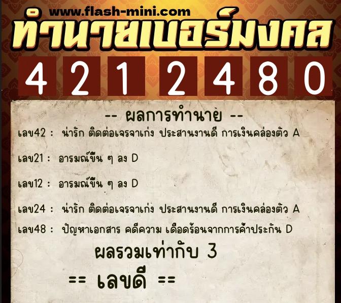 ทำนายเบอร์มงคล 0XX-4212480  ทำนายเบอร์มงคล หมายเลข 062-421248 