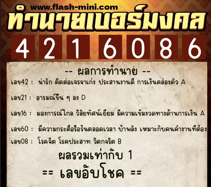 ทำนายเบอร์มงคล 0XX-4216086  ทำนายเบอร์มงคล หมายเลข 085-421608 