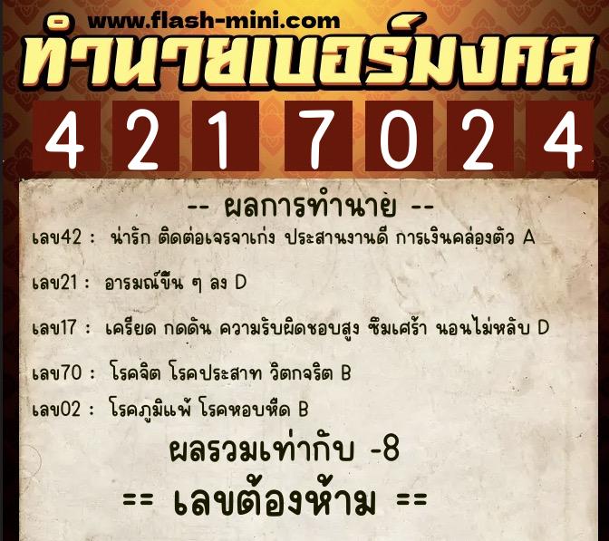 ทำนายเบอร์มงคล 0XX-4217024  ทำนายเบอร์มงคล หมายเลข 061-421702 
