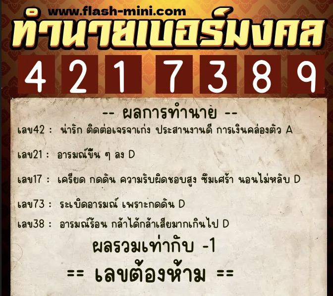 ทำนายเบอร์มงคล 0XX-4217389  ทำนายเบอร์มงคล หมายเลข 082-421738 