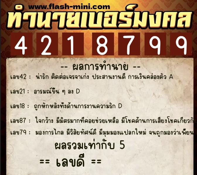 ทำนายเบอร์มงคล 0XX-4218799  ทำนายเบอร์มงคล หมายเลข 069-421879 