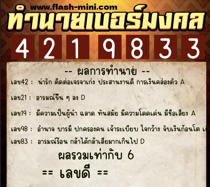 ทำนายเบอร์มงคล 0XX-4219833  ทำนายเบอร์มงคล หมายเลข 064-421983 