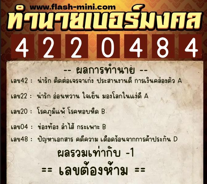 ทำนายเบอร์มงคล 0XX-4220484  ทำนายเบอร์มงคล หมายเลข 099-422048 