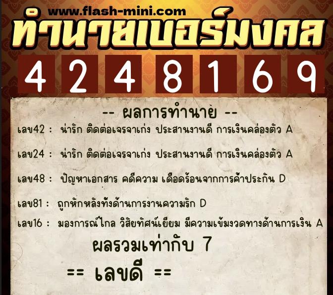 ทำนายเบอร์มงคล 0XX-4248169  ทำนายเบอร์มงคล หมายเลข 088-424816 