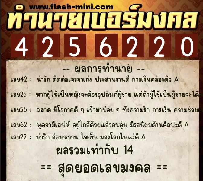 ทำนายเบอร์มงคล 0XX-4256220  ทำนายเบอร์มงคล หมายเลข 096-425622 