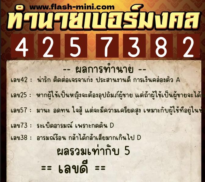 ทำนายเบอร์มงคล 0XX-4257382  ทำนายเบอร์มงคล หมายเลข 095-425738 