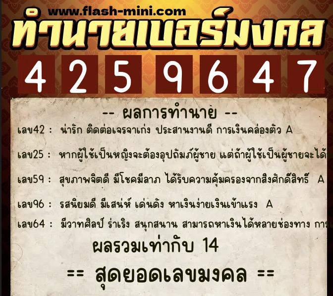 ทำนายเบอร์มงคล 0XX-4259647  ทำนายเบอร์มงคล หมายเลข 083-425964 