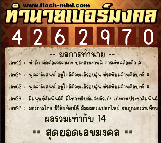 ทำนายเบอร์มงคล 0XX-4262970  ทำนายเบอร์มงคล หมายเลข 090-426297 