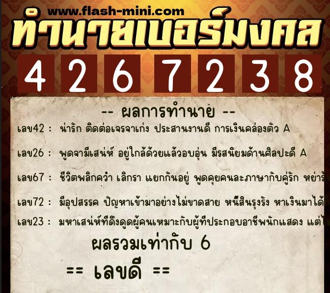 ทำนายเบอร์มงคล 0XX-4267238  ทำนายเบอร์มงคล หมายเลข 085-426723 