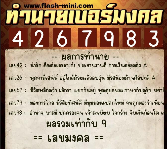 ทำนายเบอร์มงคล 0XX-4267983  ทำนายเบอร์มงคล หมายเลข 085-426798 