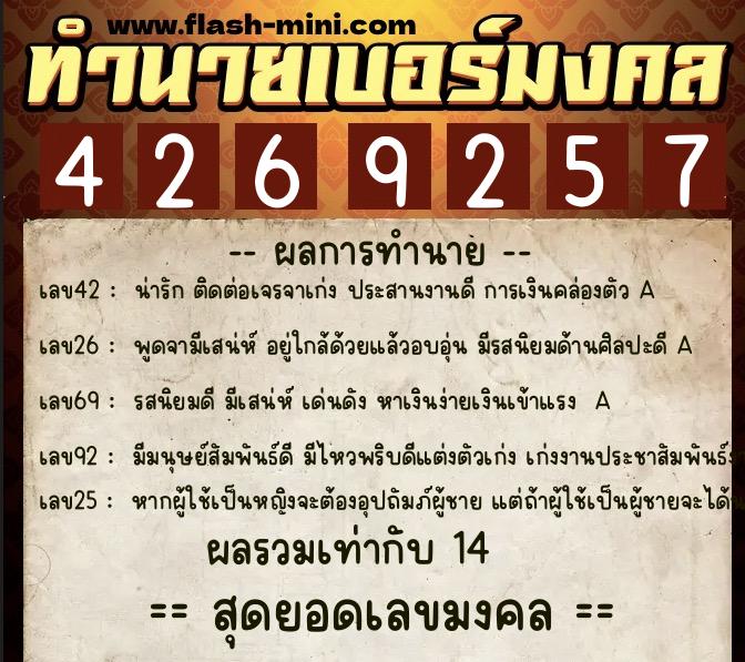 ทำนายเบอร์มงคล 0XX-4269257  ทำนายเบอร์มงคล หมายเลข 099-426925 